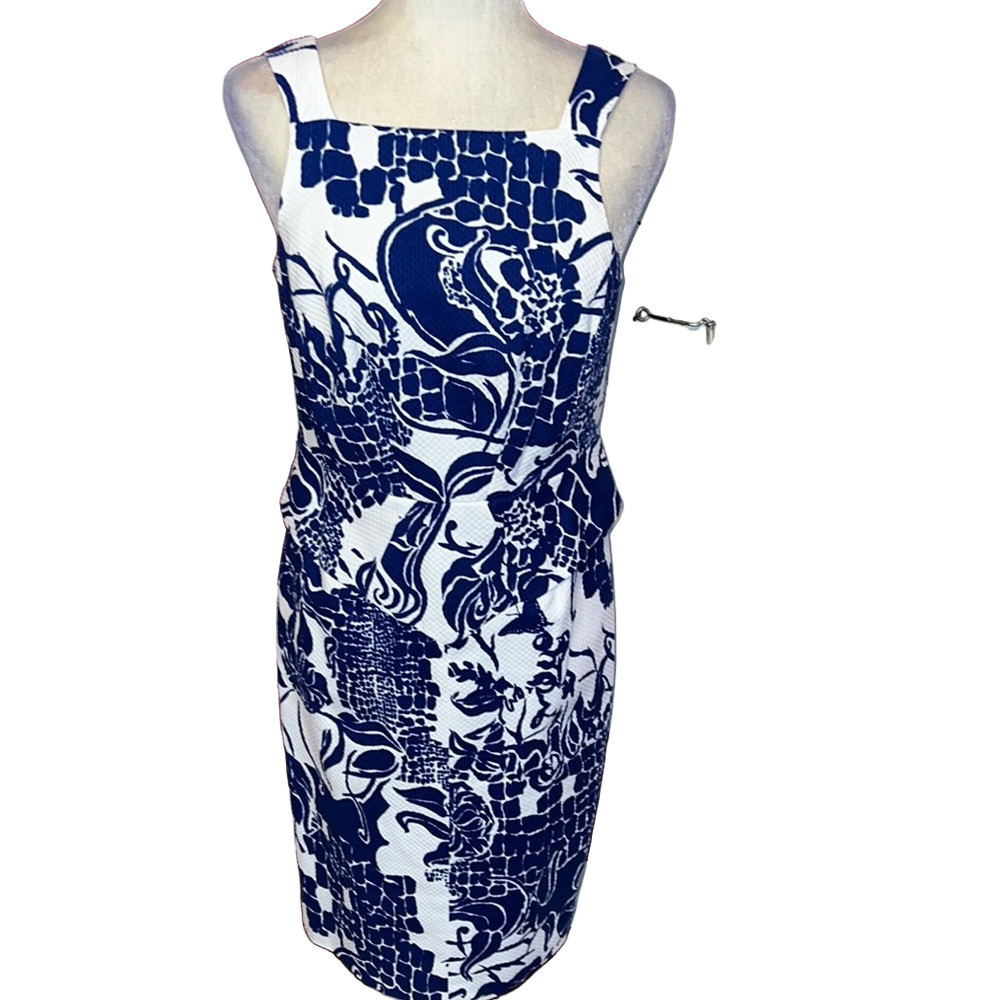 NWOT Carlisle Blue and White Sheath Dress with Square Neck 6